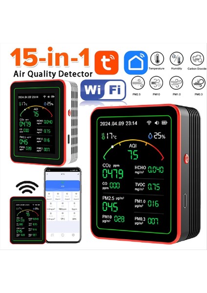 Tuya Wifi 15 In 1 Hava Kalitesi Dedektörü Ev Taşınabilir Aqı Pm0 3 Pm1 0 Pm2 5 PM10 Co2 Co2 Tvoc Hcho Test Cihazı With Mount A (Yurt Dışından) fiyatları