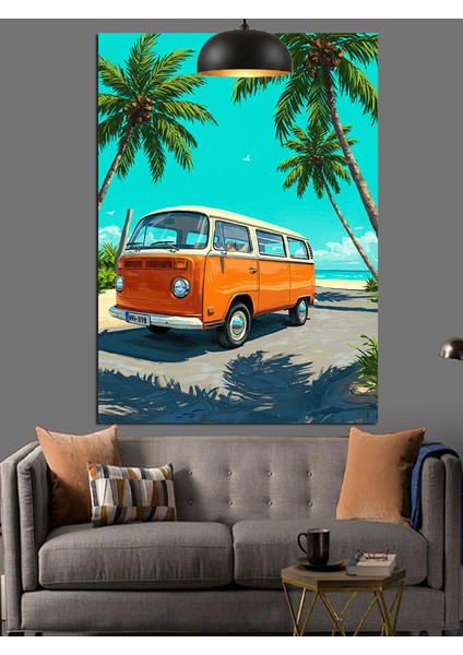 Palmiye Ağaçları Altında Retro Karavan Dekoratif Kanvas - Mdf Ahşap Tablo