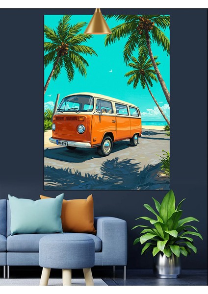 Palmiye Ağaçları Altında Retro Karavan Dekoratif Kanvas - Mdf Ahşap Tablo fiyatları
