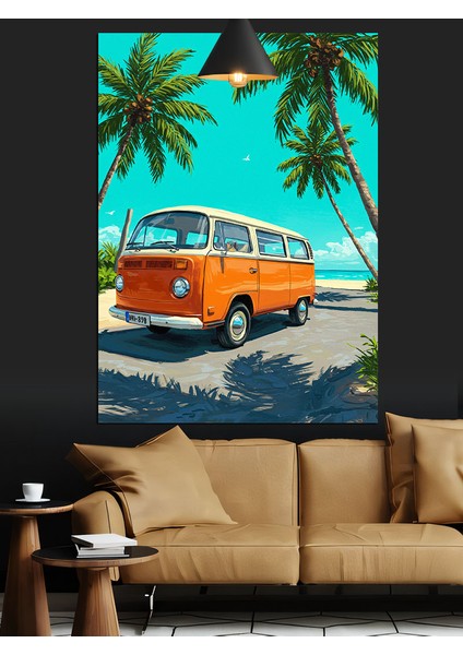 Palmiye Ağaçları Altında Retro Karavan Dekoratif Kanvas - Mdf Ahşap Tablo modelleri