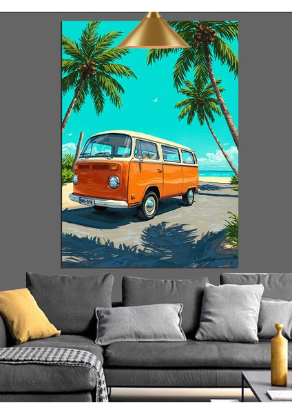 Palmiye Ağaçları Altında Retro Karavan Dekoratif Kanvas - Mdf Ahşap Tablo fırsatları