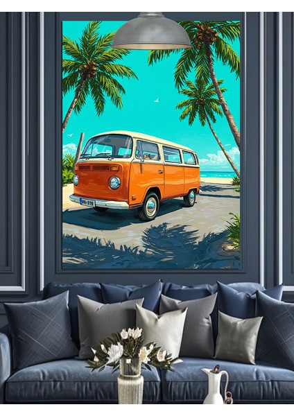 Palmiye Ağaçları Altında Retro Karavan Dekoratif Kanvas - Mdf Ahşap Tablo indirimleri