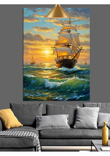 Günbatımında Yelken Açan Büyük Gemi Dekoratif Kanvas - Mdf Ahşap Tablo