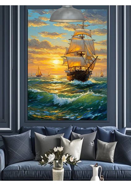 Günbatımında Yelken Açan Büyük Gemi Dekoratif Kanvas - Mdf Ahşap Tablo fiyatları