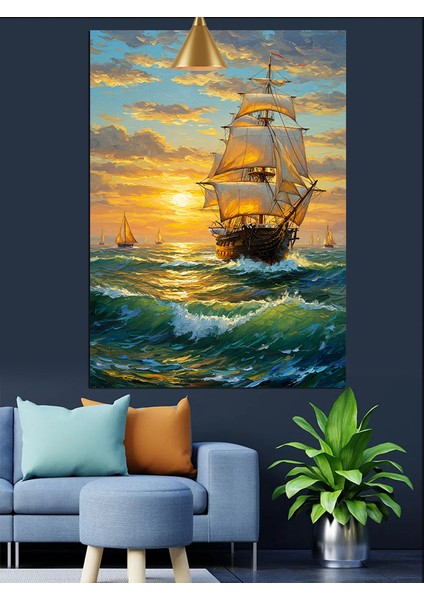 Günbatımında Yelken Açan Büyük Gemi Dekoratif Kanvas - Mdf Ahşap Tablo fırsatları