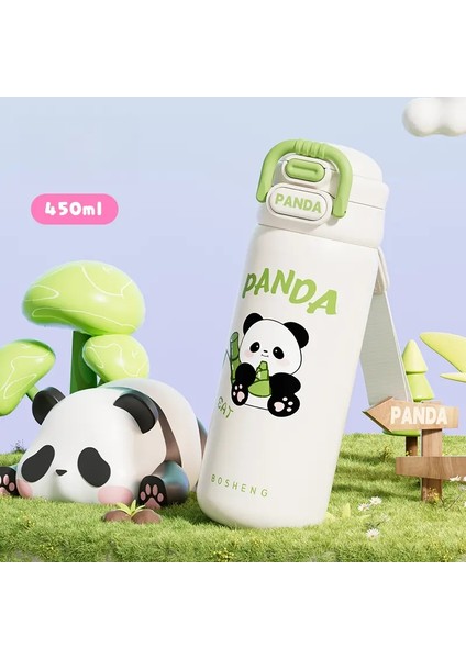 Paslanmaz Çelik Termos Kupası Sevimli Panda Straw Su Kupası Çocuklar ve Öğrenciler Çift Elastik Kapak Gelgit Oyunu Spor Su Kupa Cupcasity: 450ML/RENK: Beyaz (Yurt Dışından)