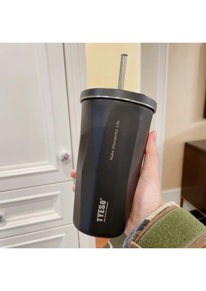Tyeso 600ML Paslanmaz Çelik Termos Su Şişesi Vakum Şişesi Geri Çekilebilir Saman Soğuk Sıcak Içecek Araba Termos Kupa Tumblercapakite: 600ML/RENK: Siyah (Yurt Dışından)