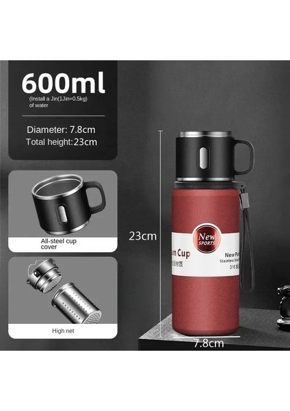 600ML Termos Vakum Kupası Erkek ve Kadın Taşınabilir 316 Paslanmaz Çelik Çay Kupası Öğrenci Okul Okulu Ketle Büyük Boyu Su Kupası Kapasite: 600ML/RENK: Kırmızı (Yurt Dışından)