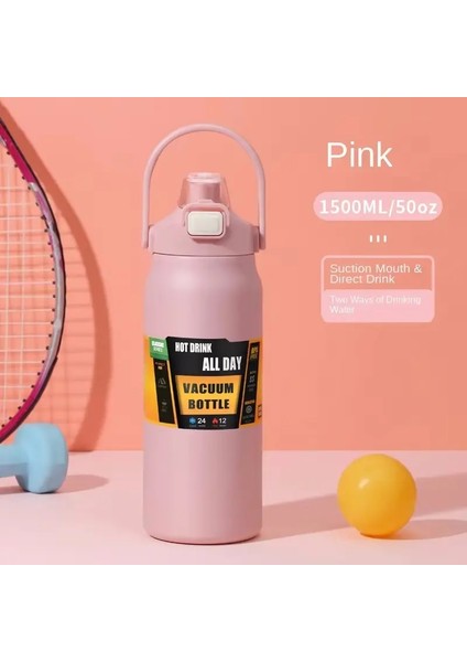 Vakum Paslanmaz Kupa Termal Soğuk Sıcak Termos Yalıtımlı Paslanmaz Çelik Su Şişesi Samansız Denizcilik Su Şişeleri Kapasite: 1000ML/RENK: B-Pembe (Yurt Dışından)