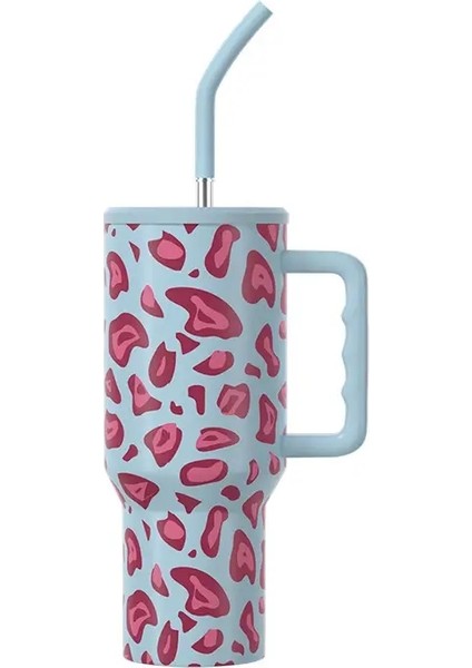 40OZ 304 Paslanmaz Çelik Saman Yalıtımlı Buz Kupası Büyük Kapasiteli Termal Kupa Tumbler Şık Yalıtımlı Kahve Kupası Kapasitesi: 40OZ/RENK: Leopar Baskı-Mavi (Yurt Dışından)