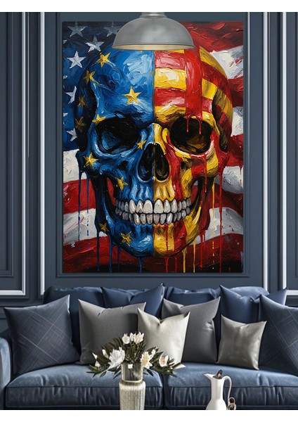 Amerikan Bayraklı Kurukafa Vatanseverlik Teması Dekoratif Kanvas - Mdf Ahşap Tablo