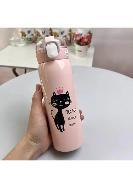 500ML Karikatür Kedi Paslanmaz Çelik Termal Şişe Saman Taşınabilir Çocuklar Taşınabilir Çocuklar Sevimli Seyahat Termal Su Şişesi Tumblercapakite: 350ML/RENK: Pembe (Yurt Dışından)