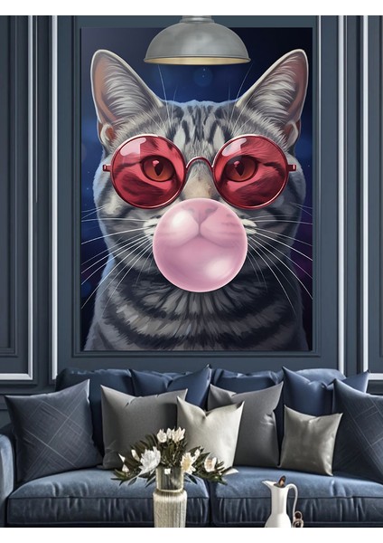 Sakız Çiğneyen Gözlüklü Şirin Bir Kedi Dekoratif Kanvas - Mdf Ahşap Tablo