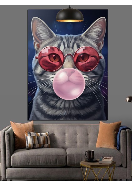 Sakız Çiğneyen Gözlüklü Şirin Bir Kedi Dekoratif Kanvas - Mdf Ahşap Tablo fiyatları