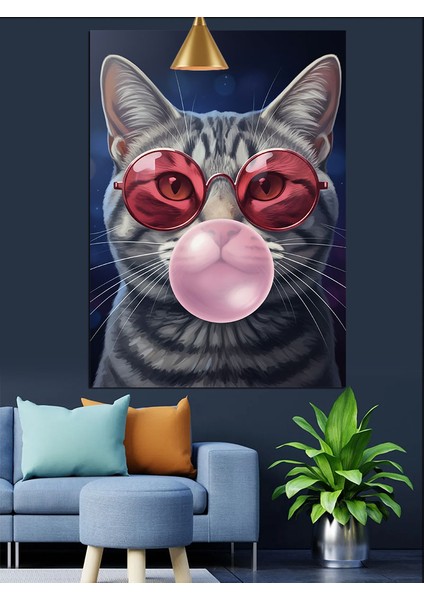 Sakız Çiğneyen Gözlüklü Şirin Bir Kedi Dekoratif Kanvas - Mdf Ahşap Tablo modelleri