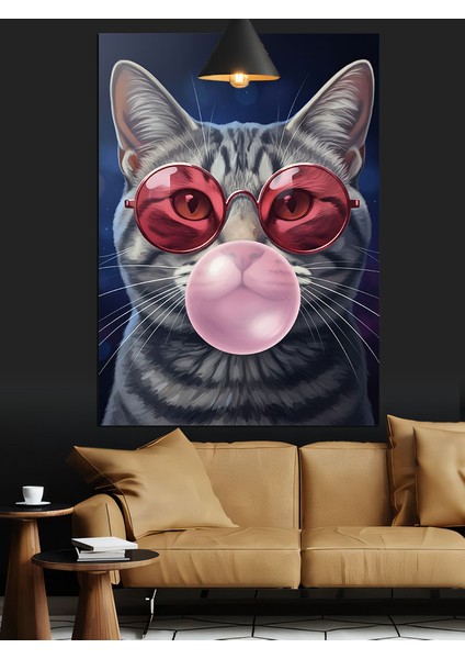 Sakız Çiğneyen Gözlüklü Şirin Bir Kedi Dekoratif Kanvas - Mdf Ahşap Tablo fırsatları