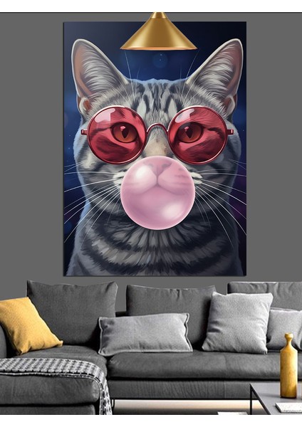 Sakız Çiğneyen Gözlüklü Şirin Bir Kedi Dekoratif Kanvas - Mdf Ahşap Tablo indirimleri