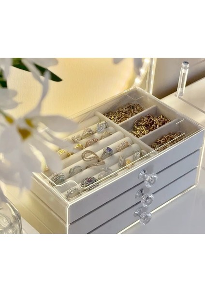 3 Katlı Şeffaf Takı Organizeri – Akrilik Kaplamalı Mücevher Kutusu, Yüzük, Küpe ve Kolye Düzenleyici