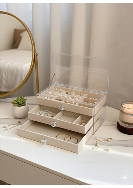 3 Katlı Şeffaf Takı Organizeri – Akrilik Kaplamalı Mücevher Kutusu, Yüzük, Küpe ve Kolye Düzenleyici modelleri