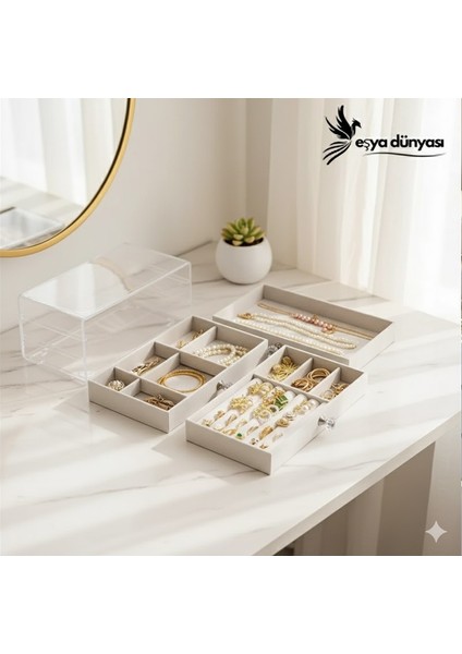 3 Katlı Şeffaf Takı Organizeri – Akrilik Kaplamalı Mücevher Kutusu, Yüzük, Küpe ve Kolye Düzenleyici fırsatları