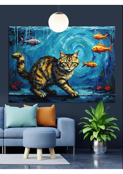 Balıklar ve Şaşkın Kedi Dekoratif Kanvas - Mdf Ahşap Tablo