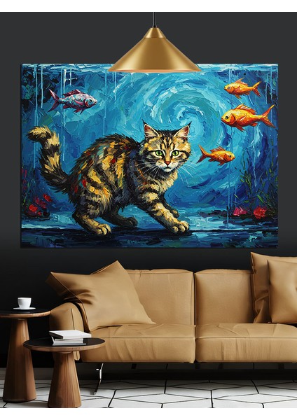 Balıklar ve Şaşkın Kedi Dekoratif Kanvas - Mdf Ahşap Tablo fiyatları