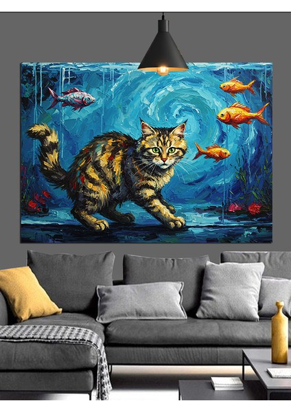 Balıklar ve Şaşkın Kedi Dekoratif Kanvas - Mdf Ahşap Tablo modelleri
