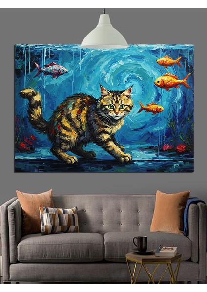 Balıklar ve Şaşkın Kedi Dekoratif Kanvas - Mdf Ahşap Tablo fırsatları