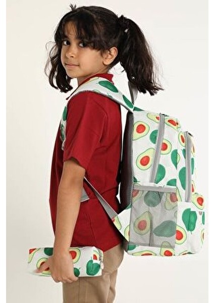 İlkokul Çantası Avokado Deseniyle Su Geçirmez 3'lü Set 40x30x15 cm