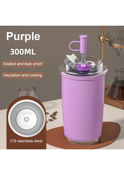 300ML Paslanmaz Çelik Kahve Kupası Saman Seyahat Yalıtımlı Yalıtımlı Su Şişesi Çay Kahve Kurı Sızdır Dışı Termos Kupa Bpa Kapasite: 300ML/RENK: Mor (Yurt Dışından)