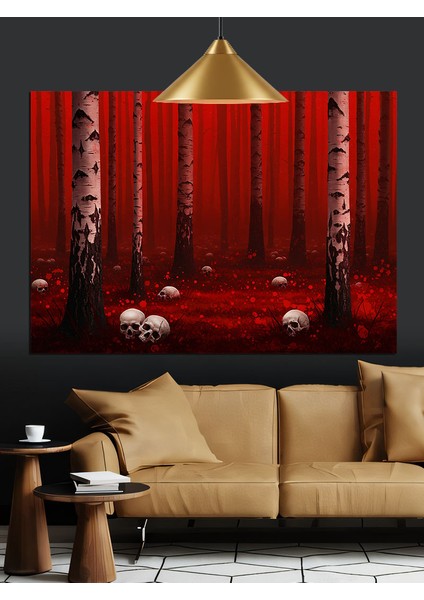 Kırmızı Korkunç Orman ve Kurukafa Dekoratif Kanvas - Mdf Ahşap Tablo