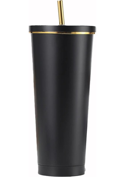 500/750ML Büyük Kapasiteli Paslanmaz Çelik Çift Duvar Vakum Yalıtımlı Yalıtımlı Tumbler Saman ve Kapak Kahve Kupa Seyahat Kupası Boba Cupcapacity: 500ML/RENK: Altın Kenar Siyah (Yurt Dışından)