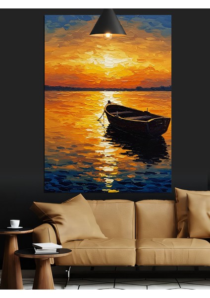Gün Batımında Denizde Yalnız Tekne Dekoratif Kanvas - Mdf Ahşap Tablo