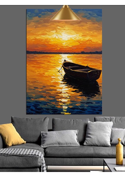 Gün Batımında Denizde Yalnız Tekne Dekoratif Kanvas - Mdf Ahşap Tablo fiyatları