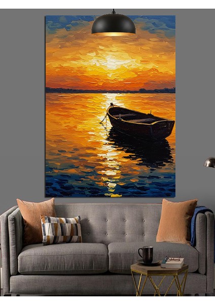 Gün Batımında Denizde Yalnız Tekne Dekoratif Kanvas - Mdf Ahşap Tablo fırsatları
