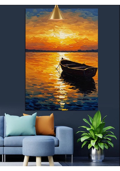 Gün Batımında Denizde Yalnız Tekne Dekoratif Kanvas - Mdf Ahşap Tablo indirimleri