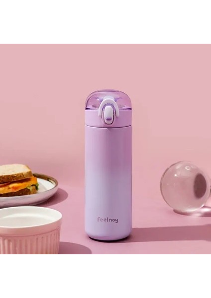 Öğrenciler ve Kızlar Için Samanlı Taşınabilir Paslanmaz Çelik Termos, Renk Değiştiren Vakum Kap, 350ML Kapasite: 301-400ML/RENK: Morado (Yurt Dışından)
