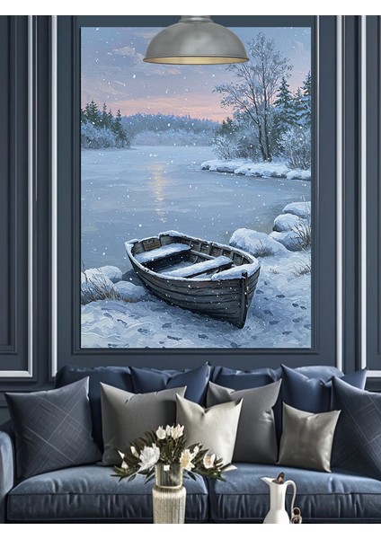 Karda Durmuş Beyaz Bir Kayık Dekoratif Kanvas - Mdf Ahşap Tablo fiyatları