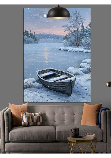 Karda Durmuş Beyaz Bir Kayık Dekoratif Kanvas - Mdf Ahşap Tablo modelleri