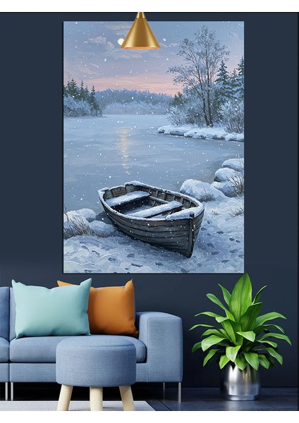 Karda Durmuş Beyaz Bir Kayık Dekoratif Kanvas - Mdf Ahşap Tablo fırsatları