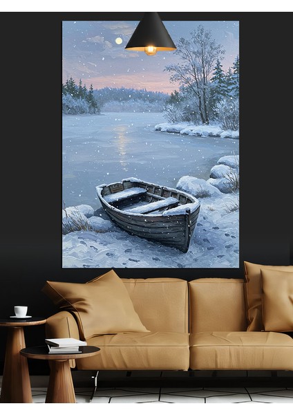 Karda Durmuş Beyaz Bir Kayık Dekoratif Kanvas - Mdf Ahşap Tablo indirimleri