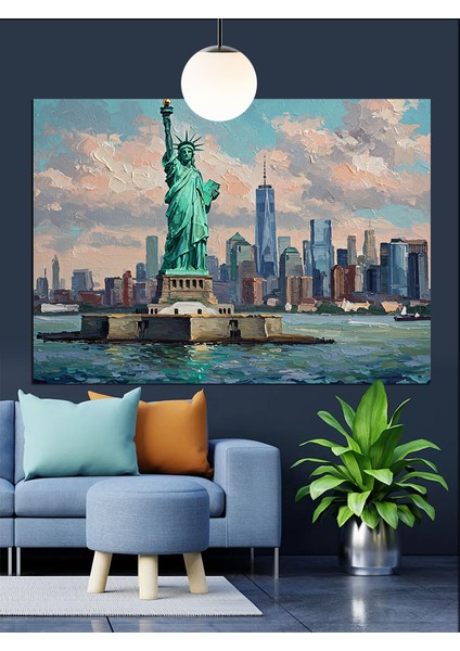 New York Özgürlük Heykeli Şehir Dekoratif Kanvas - Mdf Ahşap Tablo