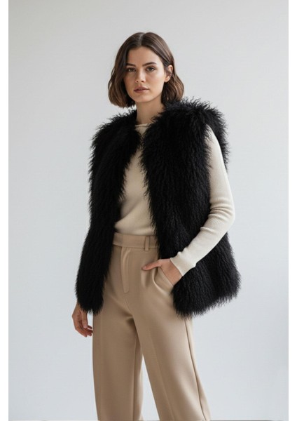 Siyah Kadın Nell Tiftik Tüy Bol Kesim Yelek