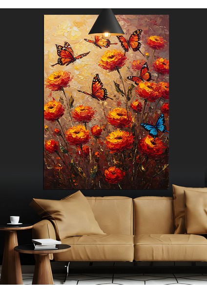 Kırmızı Turuncu Uçuşan Küçük Kelebekler Dekoratif Kanvas - Mdf Ahşap Tablo