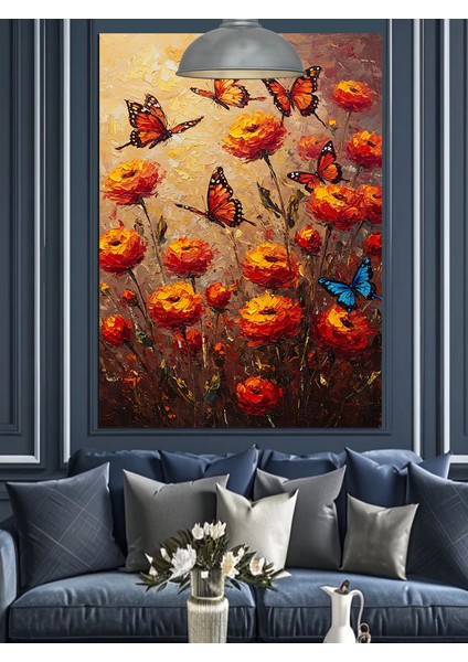 Kırmızı Turuncu Uçuşan Küçük Kelebekler Dekoratif Kanvas - Mdf Ahşap Tablo modelleri