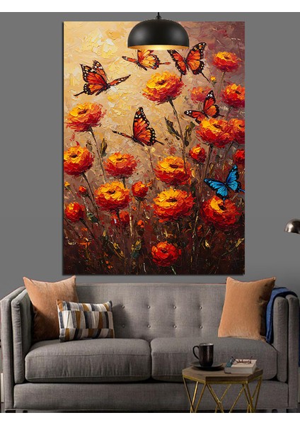 Kırmızı Turuncu Uçuşan Küçük Kelebekler Dekoratif Kanvas - Mdf Ahşap Tablo fırsatları