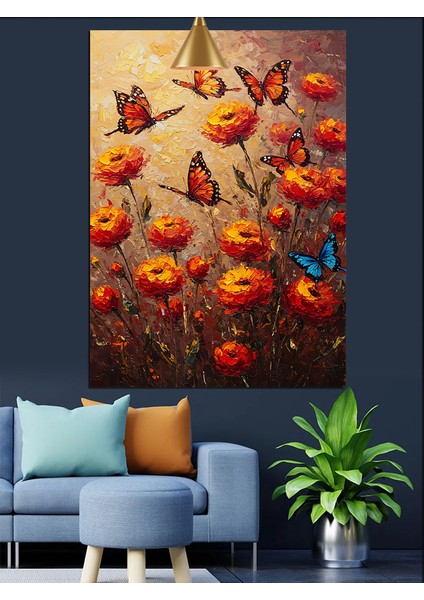 Kırmızı Turuncu Uçuşan Küçük Kelebekler Dekoratif Kanvas - Mdf Ahşap Tablo indirimleri