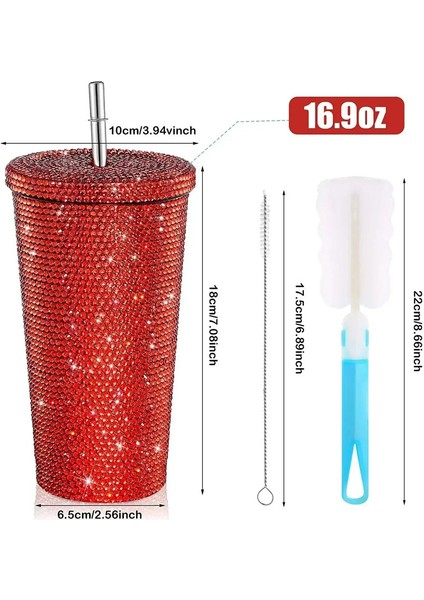 750ML Yeniden Kullanılabilir Saman Kupası Çift Katmanlı Termos Kurı Kadınlar Glitter Cup Su Şişesi Si Kapaklı Rhinestone Paslanmaz Çelik Kapasite: 500ML/RENK: Kırmızı (Yurt Dışından)