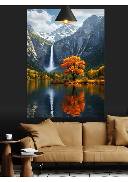 Sonbaharda Akan Şelale Göle Yansıyor Dekoratif Kanvas - Mdf Ahşap Tablo
