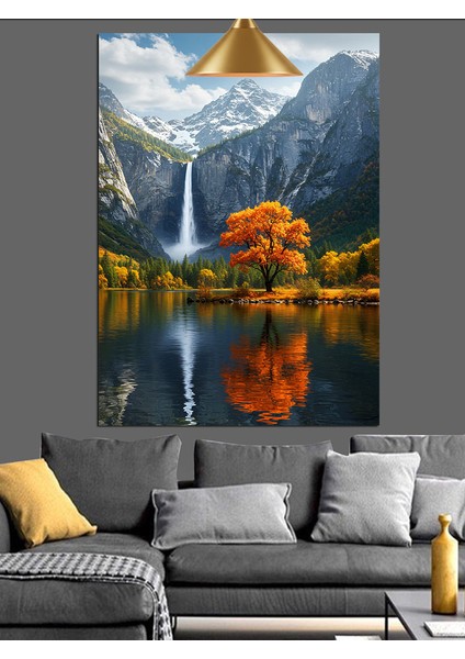 Sonbaharda Akan Şelale Göle Yansıyor Dekoratif Kanvas - Mdf Ahşap Tablo fiyatları